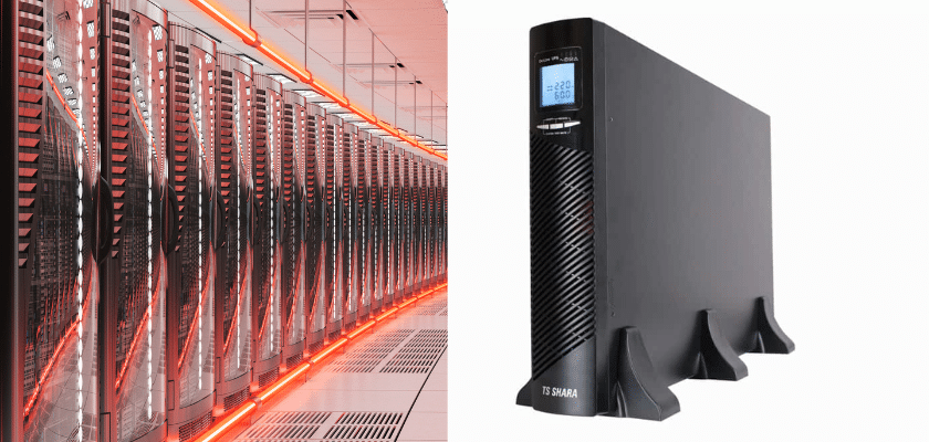 uma foto do nobreak da TS Shara e um fundo de datacenter