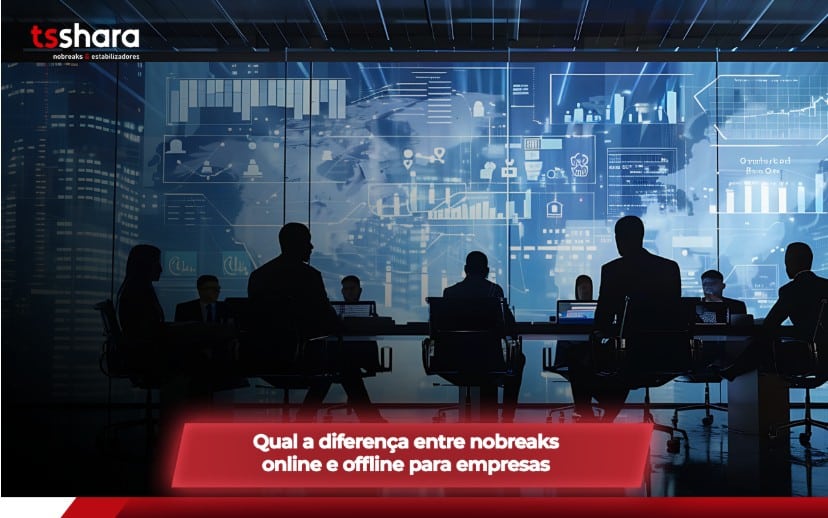 Reunião empresarial com gráficos digitais ao fundo