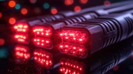 Esta imagem é uma fotografia bem detalhada de cabos de conexão, com as extremidades iluminadas por luzes vermelhas intensas. As luzes de LED nas extremidades dos cabos formam pontos brilhantes e nítidos, criando um contraste impressionante contra o fundo desfocado, que contém pontos de luz coloridos. Os cabos parecem ter uma estrutura robusta e são dispostos de maneira que suas extremidades estejam próximas umas das outras, revelando uma forma tecnológica e futurista.