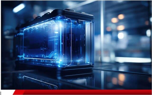 Bateria de energia com design tecnológico e iluminação azul