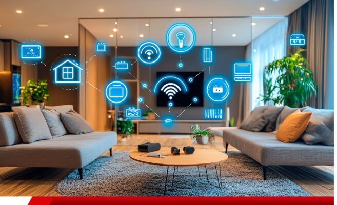 Sala moderna com ícones de automação residencial