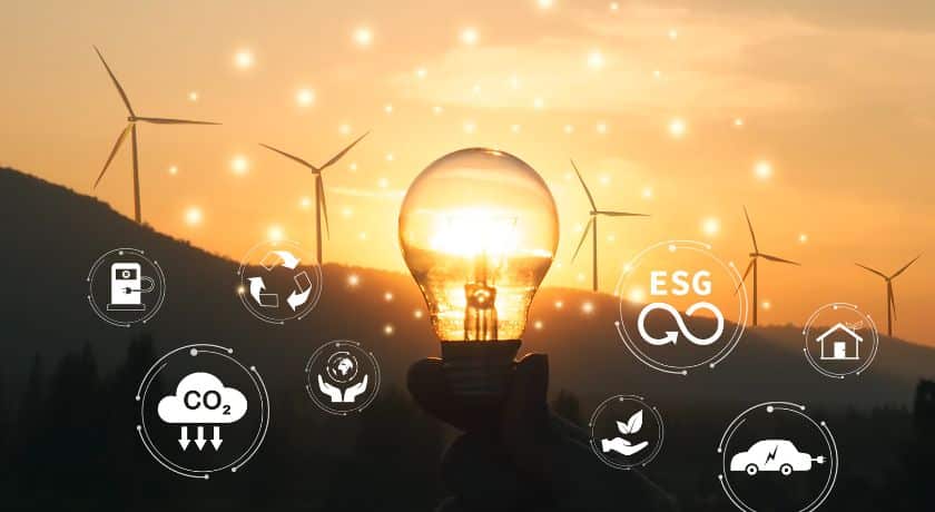 uma lampada acesa e várias ligaçoes de ESG e energia