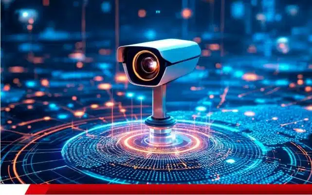  Câmera de segurança em ambiente digital futurista.