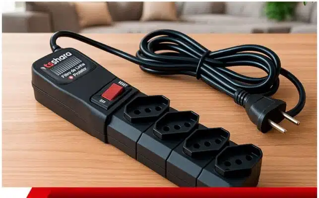 Filtro de linha preto com seis tomadas.