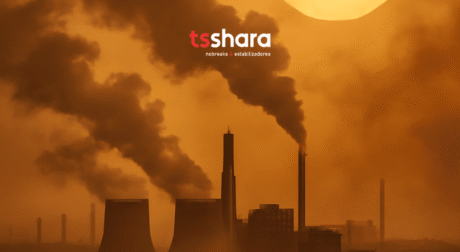 A imagem apresenta uma paisagem industrial com várias chaminés soltando fumaça em um céu alaranjado, criando uma atmosfera de poluição. O logo da TS Shara está na parte superior central, com tipografia moderna, destacando-se no cenário. A imagem transmite uma sensação de impacto ambiental e da necessidade de soluções mais sustentáveis.