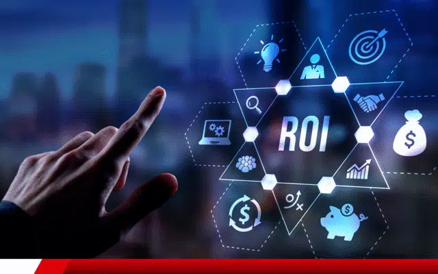 Mão apontando para holograma com o termo ROI e ícones de negócios.