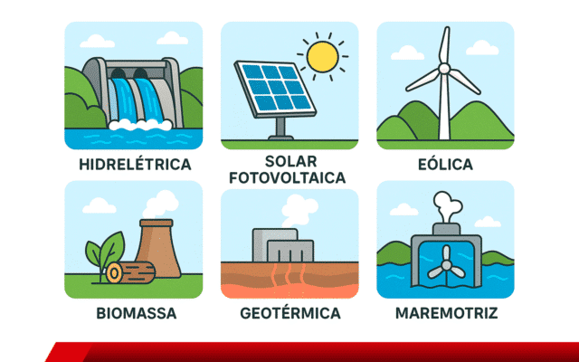 Ilustrações dos seis principais tipos de energia renovável