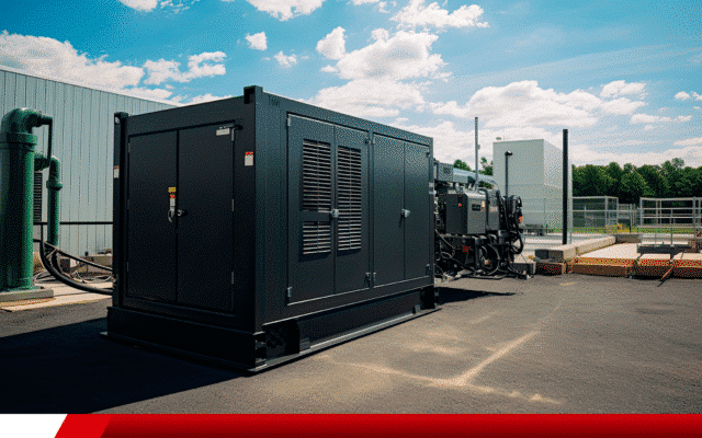 Gerador de energia industrial em ambiente externo pavimentado.