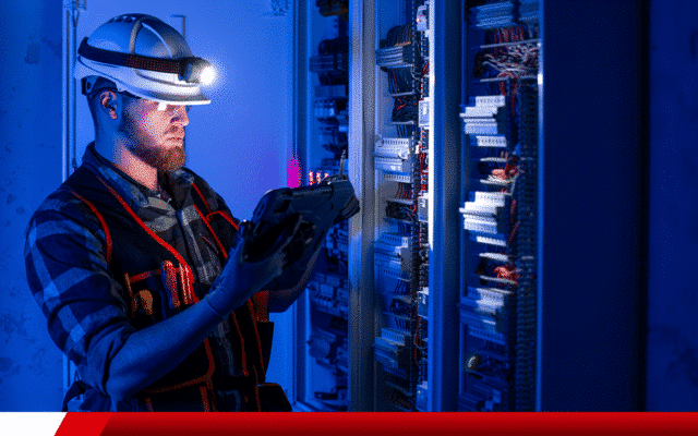 Técnico com capacete e lanterna inspeciona painel elétrico com tablet.