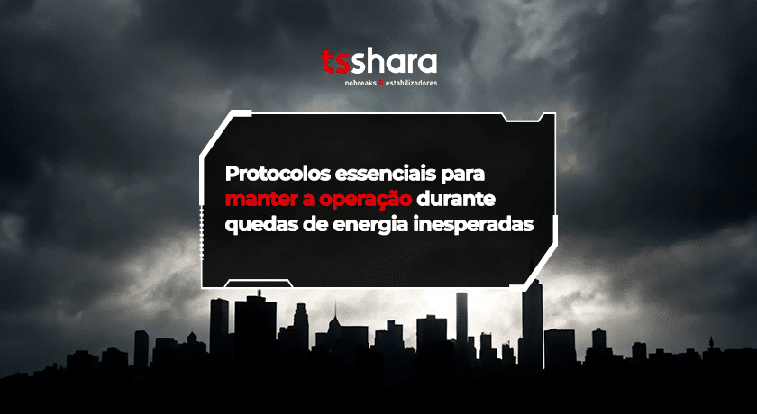 Skyline urbano sob nuvens escuras com banner sobre operação em queda de energia