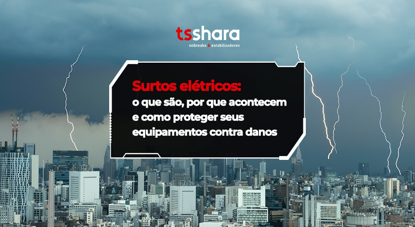 Raios sobre cidade com destaque para aviso sobre surtos elétricos.