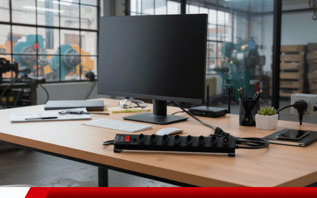 Filtro de linha 20A sobre mesa com monitor e itens de escritório.