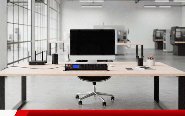 Filtro de linha com DPS em mesa de escritório moderno conectado a computador e roteador