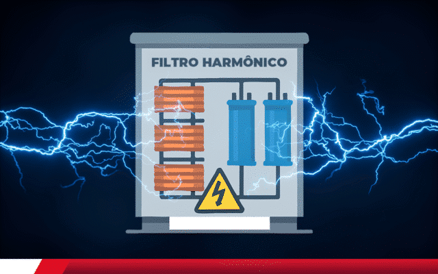 Ilustração de filtro harmônico com componentes elétricos e descargas de energia.