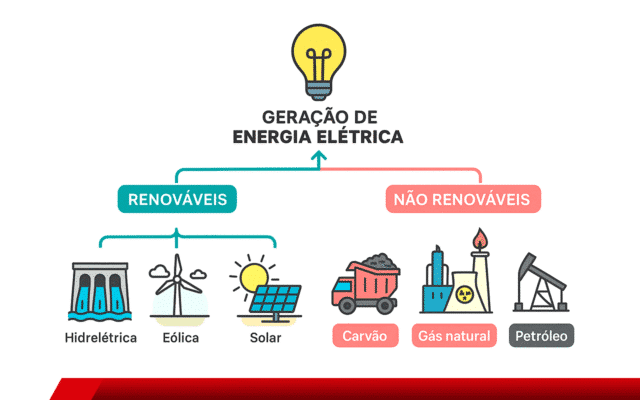 Infográfico mostra fontes renováveis e não renováveis de energia elétrica