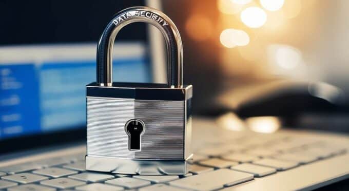 Um cadeado metálico brilhante e prateado está posicionado sobre o teclado de um notebook.