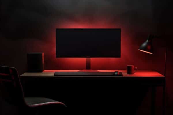 Esta é uma imagem de uma configuração de desktop minimalista e atmosférica, iluminada por uma luz de fundo vermelha intensa. A cena evoca uma sensação de ambiente de jogo ou um espaço de trabalho noturno.
