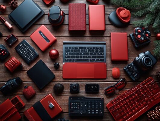 A imagem é uma vista superior (layflat) de uma grande variedade de gadgets eletrônicos, acessórios e decorações de Natal, dispostos sobre uma superfície de madeira escura. A paleta de cores dominante é vermelho e preto/cinza escuro. No centro, está um minilaptop ou teclado com teclas pretas e a base vermelha. Ao redor, há fones de ouvido vermelhos e pretos, capas de tablet vermelhas, um mouse vermelho, câmeras pretas, teclados mecânicos vermelhos, e vários acessórios de informática. Elementos de Natal, como folhagens de pinho e bolas decorativas em vermelho e preto, estão espalhados pela composição.
