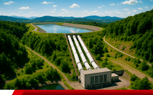 Vista aérea de usina com reservatório elevado e tubos de condução de água.