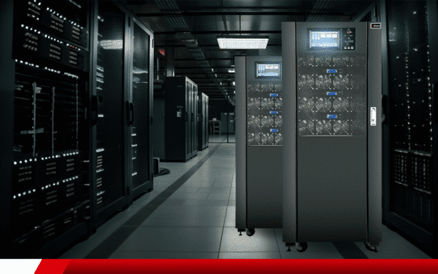 Nobreaks instalados em data center para alta disponibilidade de energia.