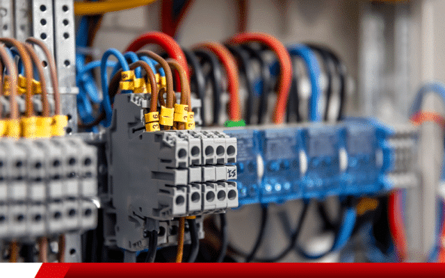 Painel elétrico com bornes e cabos organizados para distribuição de energia.