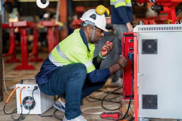 Eletricista com capacete e colete de segurança agachado, operando um rádio comunicador enquanto inspeciona um painel elétrico vermelho.
