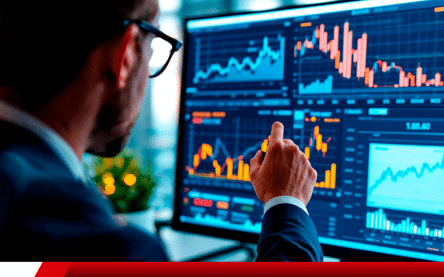 Analista monitorando gráficos financeiros em painel digital.