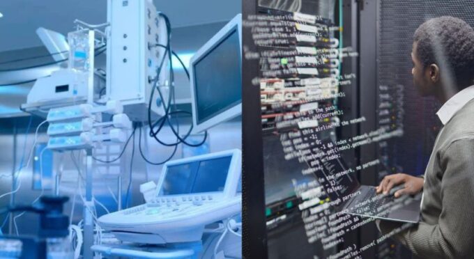 À esquerda, a fotografia de um ambiente médico tecnológico com iluminação azulada, exibindo um console de ultrassom com monitor e transdutores à frente de outros painéis e equipamentos hospitalares. À direita, um ambiente de TI, mostrando um homem negro de perfil, vestindo um suéter verde, operando um notebook em pé diante de um rack de servidores repleto de cabos e luzes indicadoras.