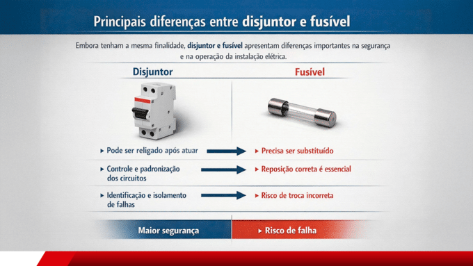 Comparativo visual entre disjuntor e fusível