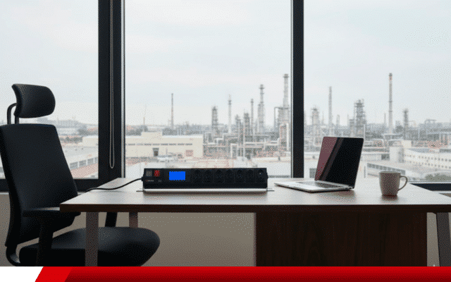 Filtro de linha com DPS e display sobre mesa de escritório corporativo.