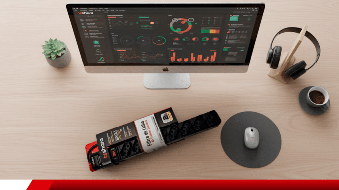 Filtro de linha profissional protegido para uso em computador de escritório.