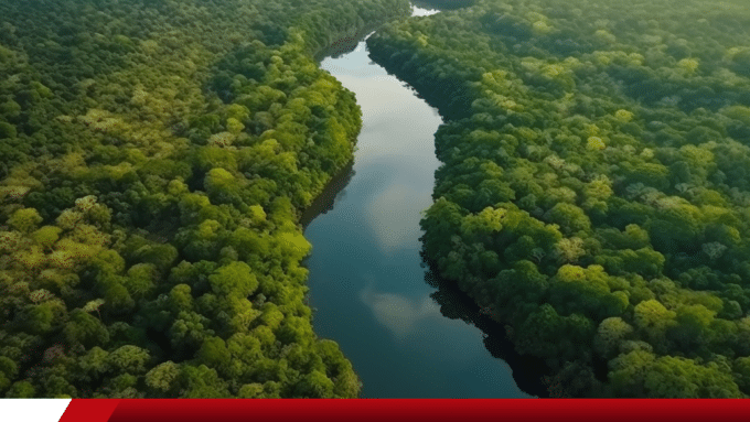 Rio cortando a floresta amazônica visto de cima