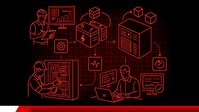 Ilustração de sistema de energia ininterrupta e gestão elétrica integrada.