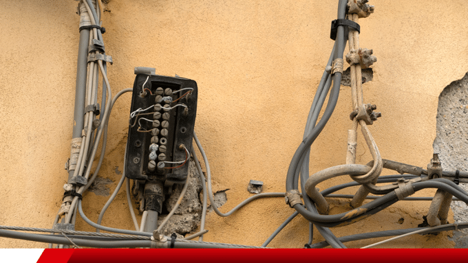 Instalação elétrica antiga com fiação exposta e caixa de conexões.
