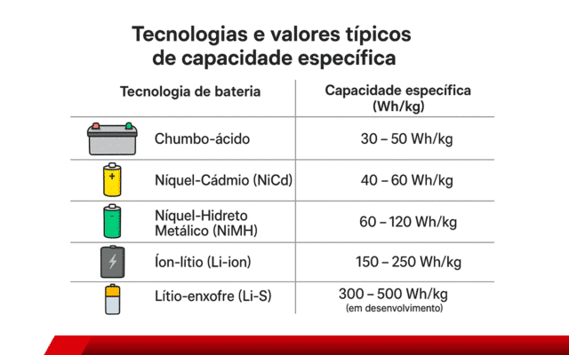 Tabela comparativa de capacidade específica por tecnologia de bateria.
